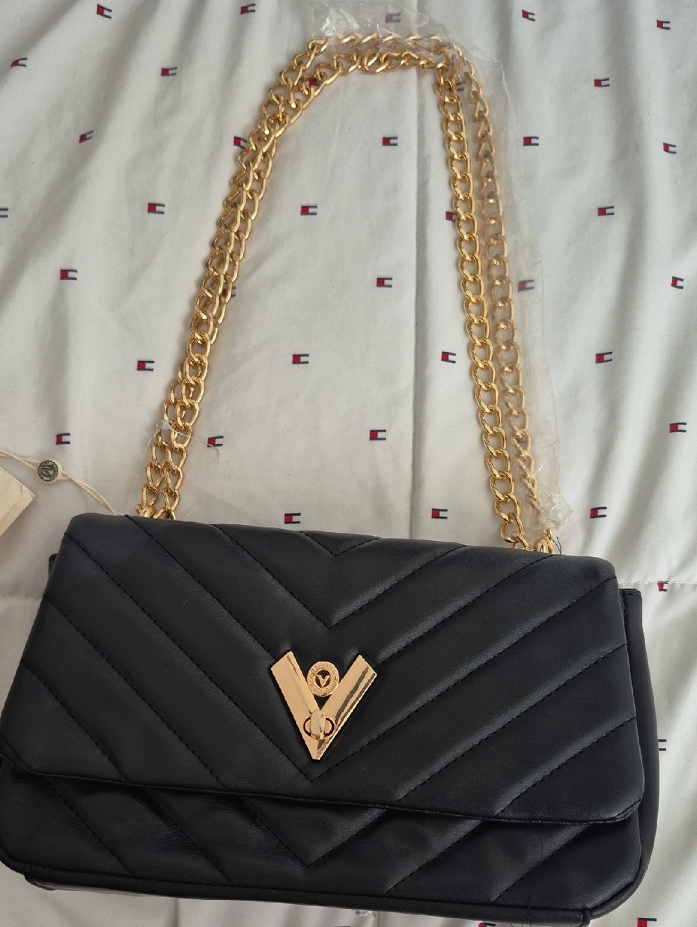 Black Quilted Valentino Shoulder Bag with Adjustabl Gold Chain Strap/ Cross Body